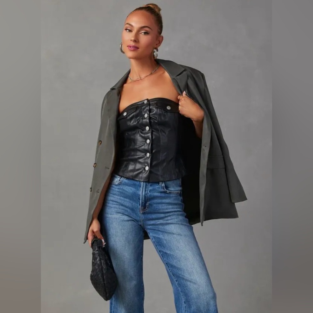 VICI- Suzie Faux Leather Button Front Bustier Top
Black / M, NWOT